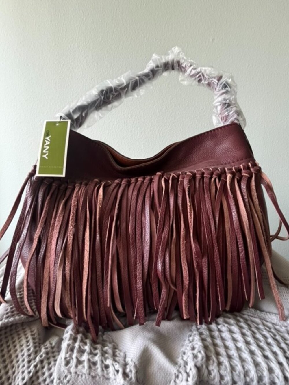 orYany Rich Burgandy Leather Fringe Hobo Bag